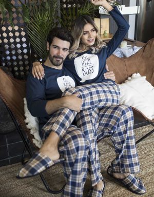 JPA0140 pijamas parejas él THE BOSS, ella THE REAL BOSS - ambos invierno manga larga