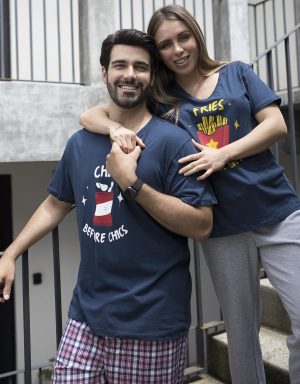 JPA0137 pijamas parejas FRIES BEFORE GUYS - CHIPS BEFORE GIRLS - ambos pantalón