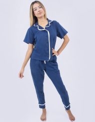 JMLA002 PIJAMA MUJER BOTONES PANTALÓN MARINO