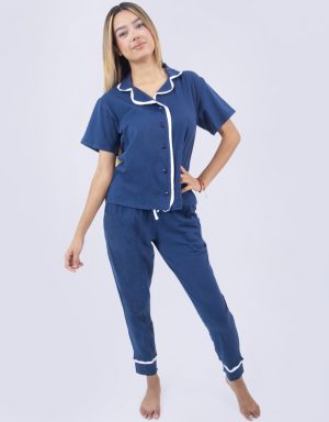 JMLA002 PIJAMA MUJER BOTONES PANTALÓN MARINO